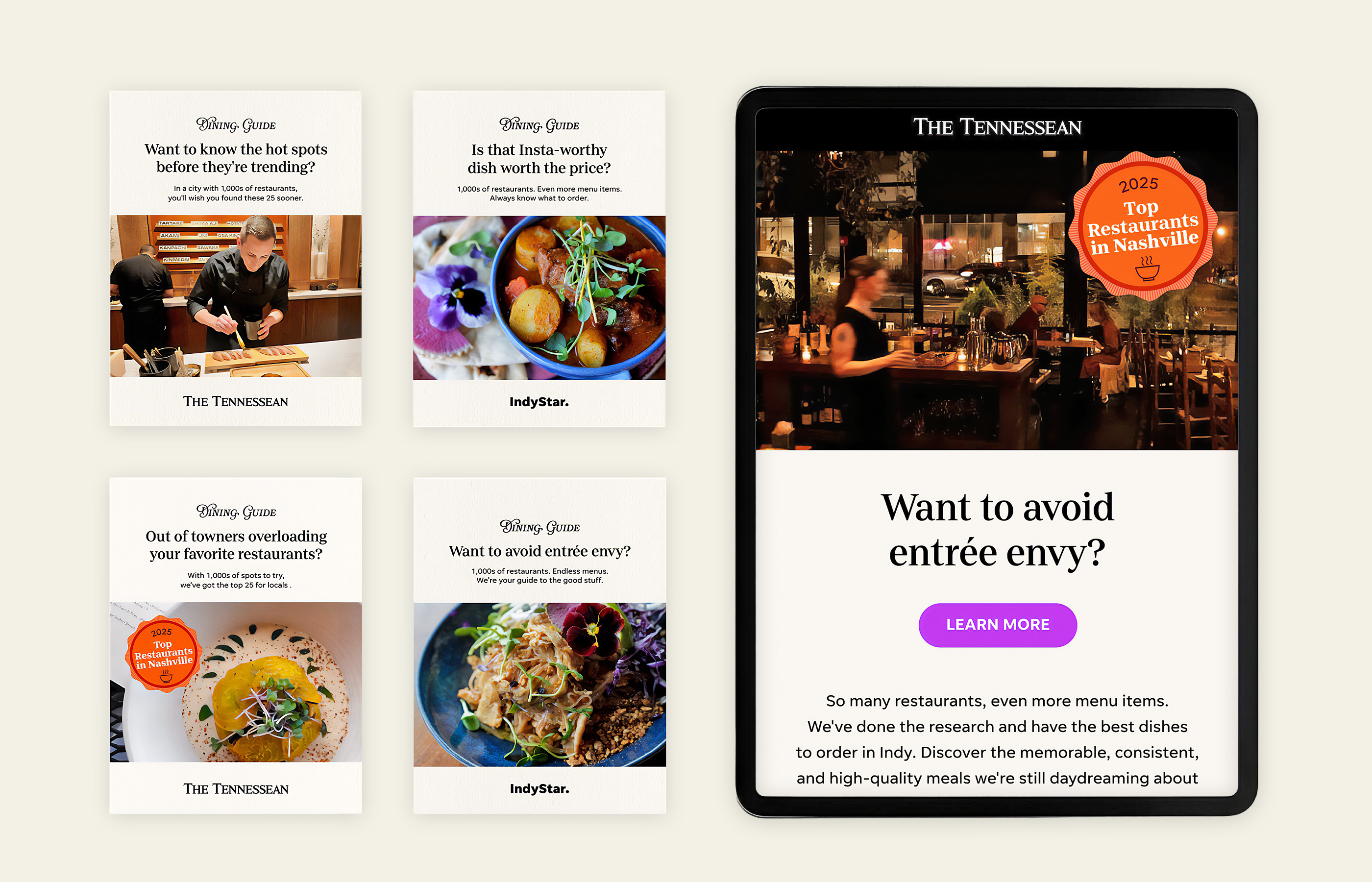 Dining Guide social content grid and email mockup